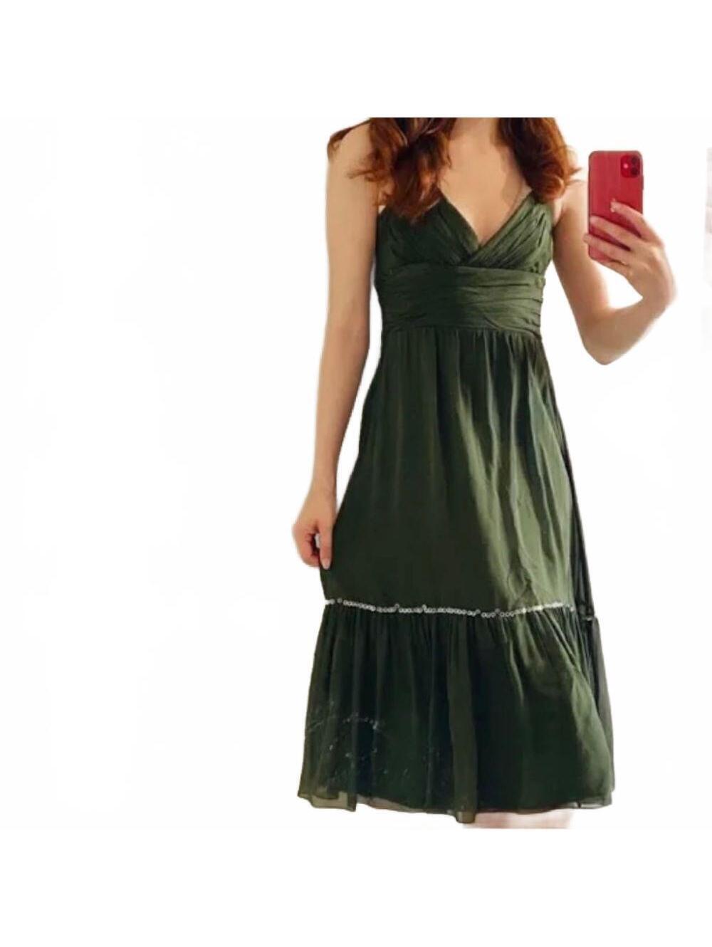 Y2K BCBG Maxaria Boho Green 100% Silk Chiffon Sequin Ruched Halter Dress 10 L